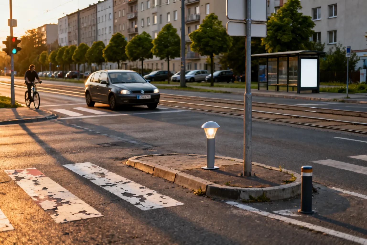 Skrzyżowanie w Gorzowie o zmierzchu: pasy, torowisko, ścieżka rowerowa i stojący samochód — miejsce potencjalnych zagrożeń dla pieszych i rowerzystów