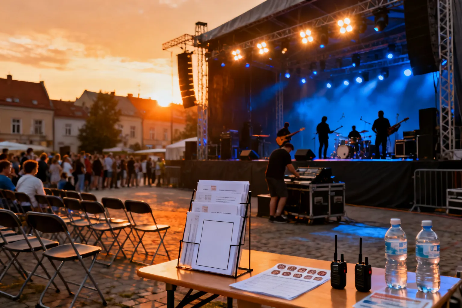 Wieczorny festiwal muzyczny na gorzowskim Rynku: scena z technikami i publicznością, stoiska wolontariuszy i puste krzeseł przed koncertem.