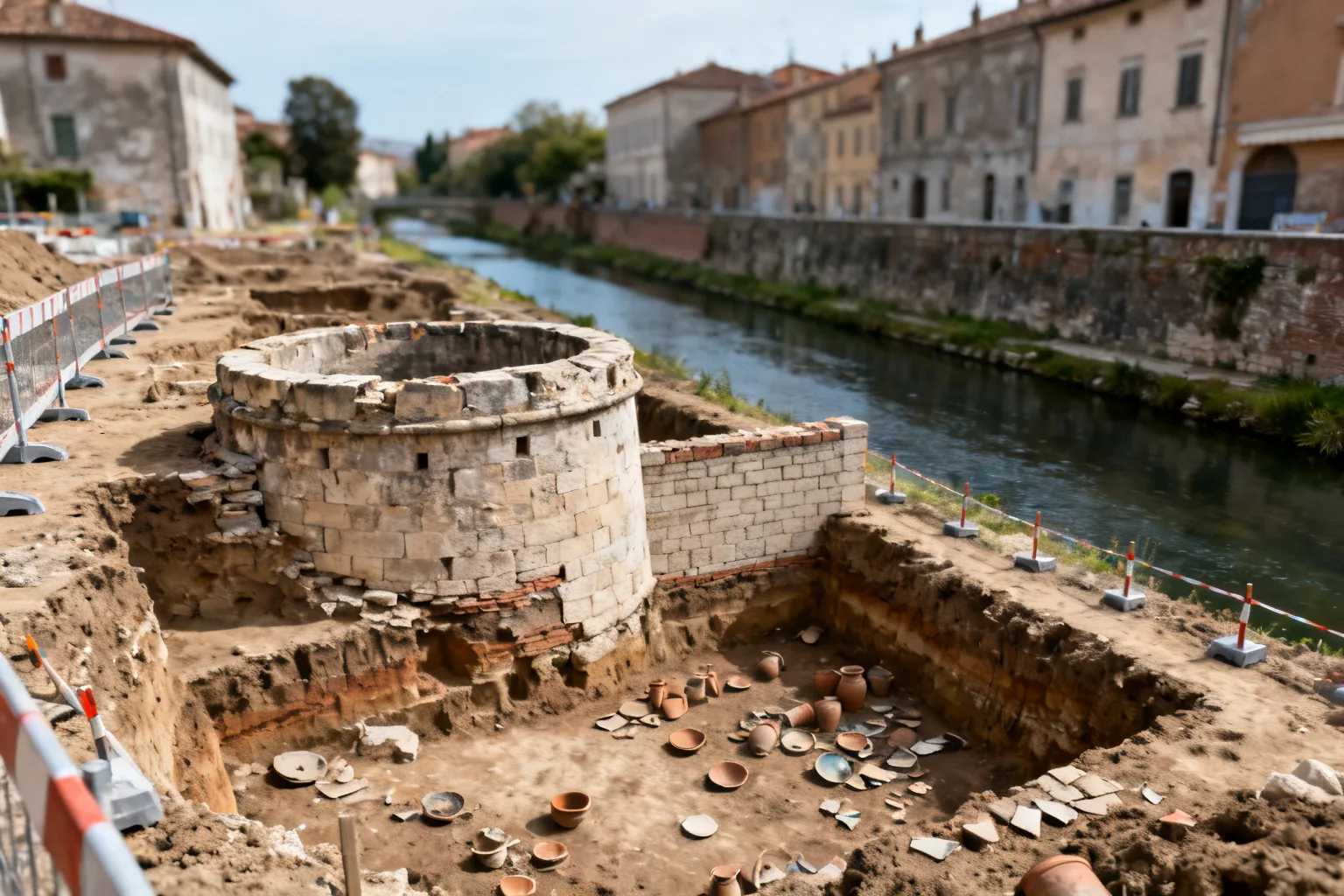 Fragment baszty i odsłonięte mury Bramy Mostowej przy wykopaliskach obok kanału