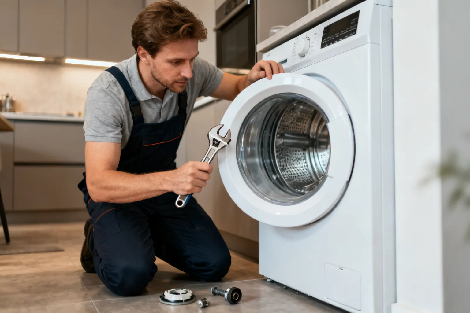 Technik naprawiający pralkę w nowoczesnej kuchni