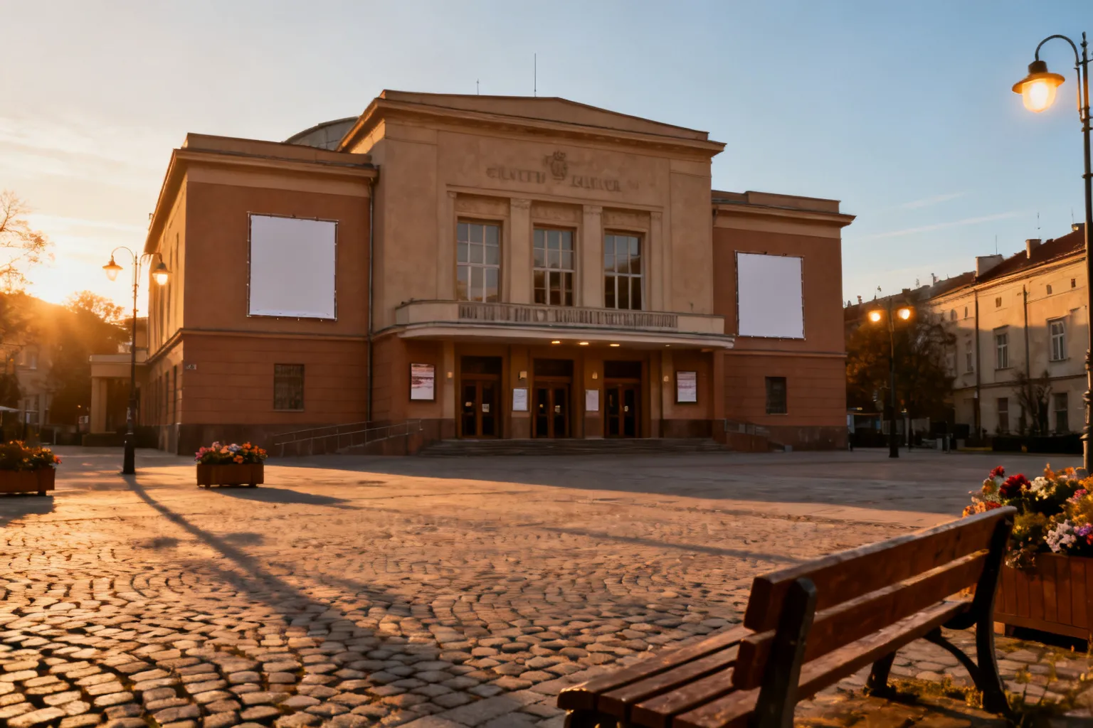 Front fasada miejskiego teatru w Gorzowie Wielkopolskim przy pustym brukowanym placu i ławce, ciepłe światło złotej godziny.