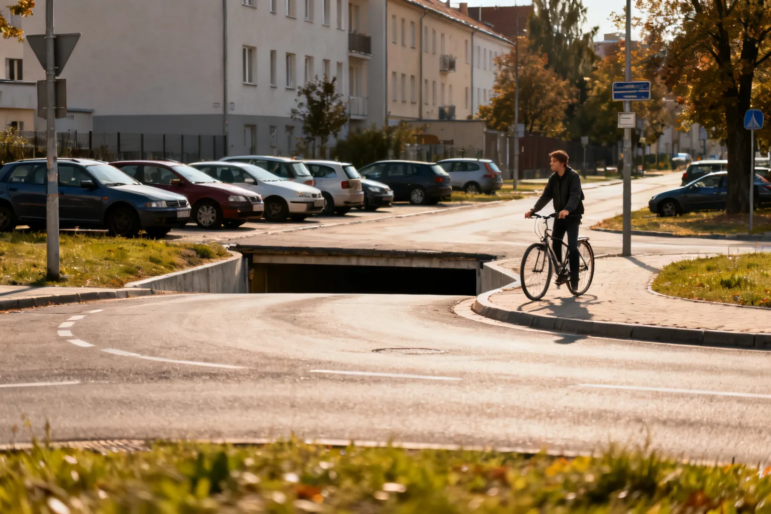 Wlot do ronda zwężony przez zaparkowane samochody i oczekującego rowerzystę