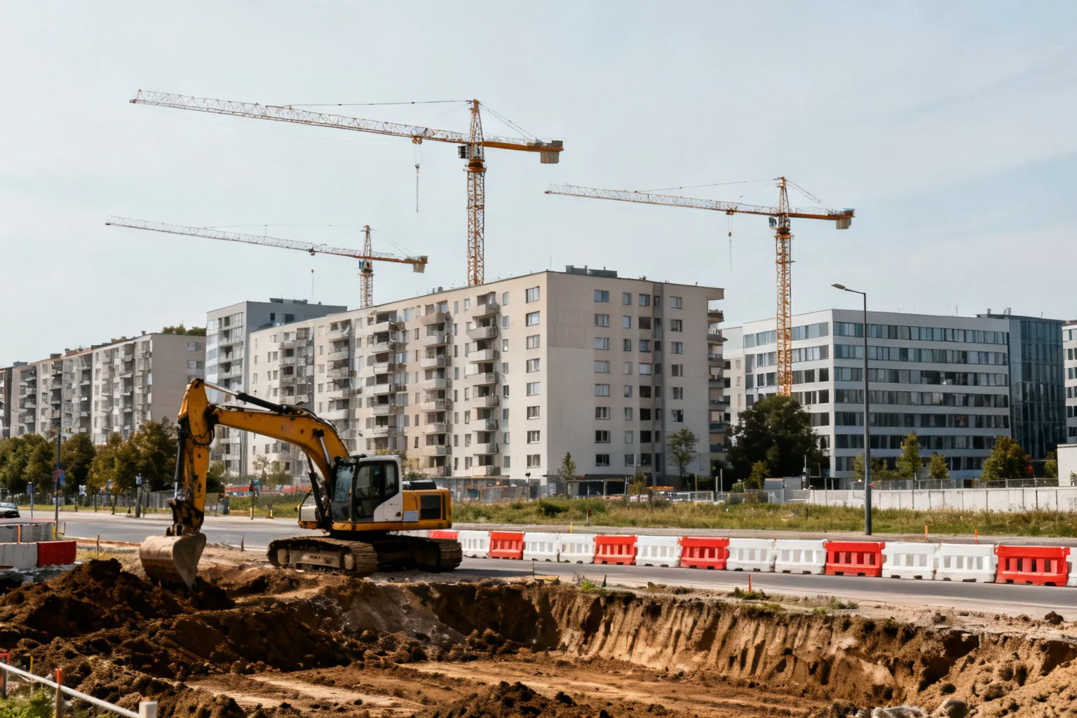 Plac budowy w mieście z koparką, barierami i dźwigami w tle