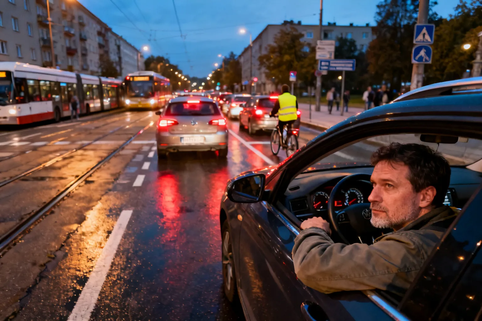 Widok zatłoczonego skrzyżowania w Gorzowie o zmierzchu: auta stoi w korku, sfrustrowany kierowca i rowerzysta w kamizelce czekają między pasami.
