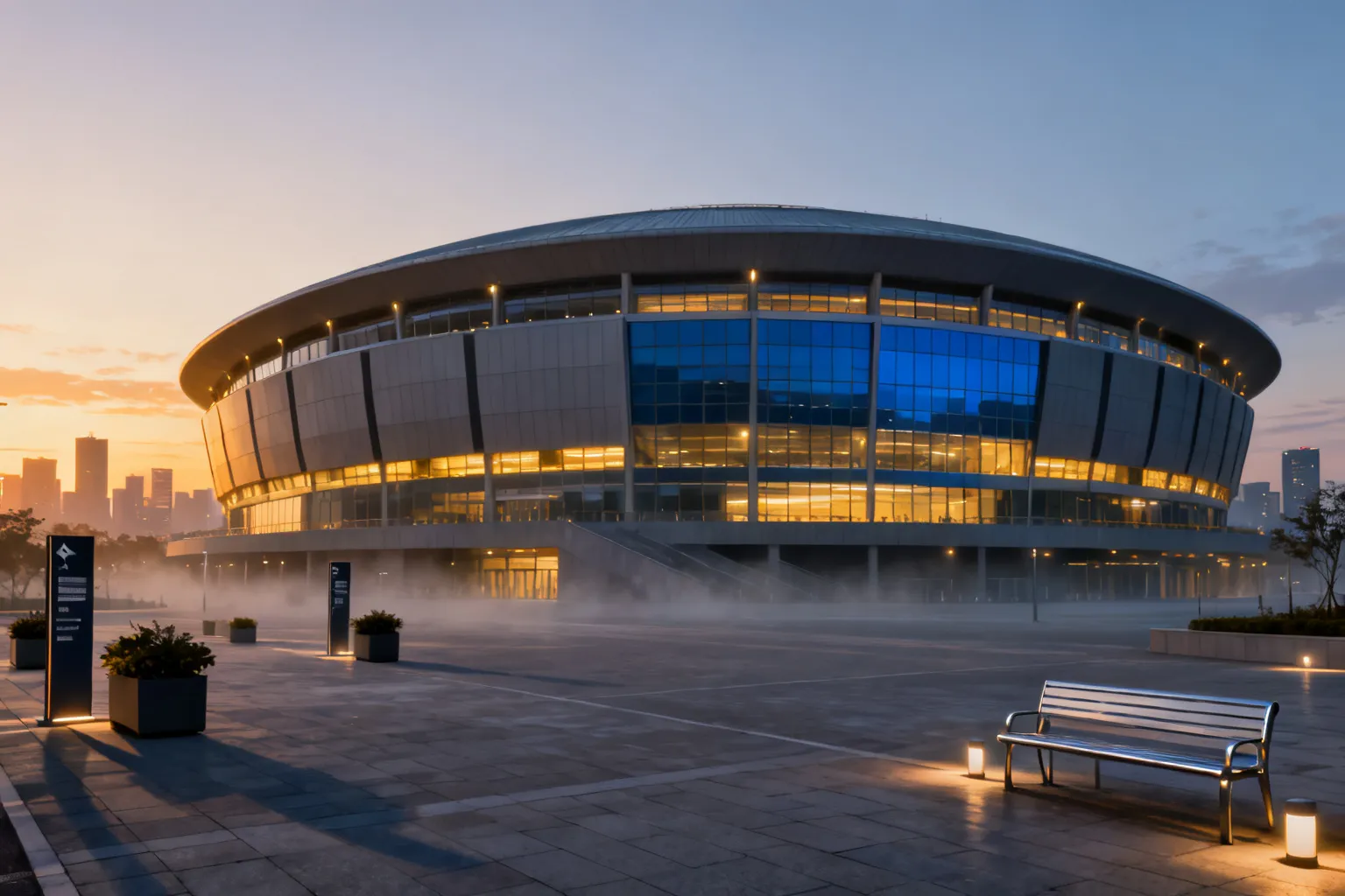 Widok zewnętrzny nowoczesnej areny o zakrzywionej fasadzie i pustym placu przed wejściem, wieczorne ciepłe oświetlenie.