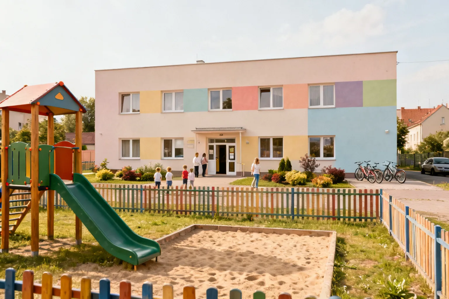 Budynek prywatnego przedszkola przy Saska 8 z ogrodzonym placem zabaw