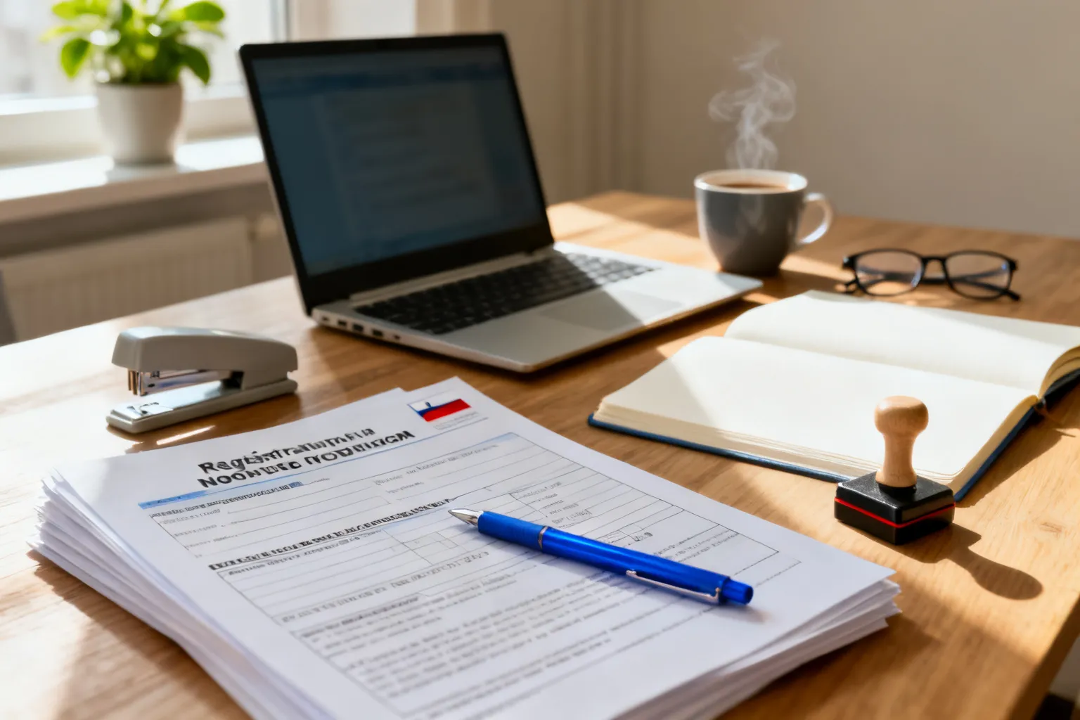 Stolik z przyborami do zakładania stowarzyszenia: blankiety rejestracyjne, długopis, notes, pieczęć, laptop i kawa w porannym świetle.