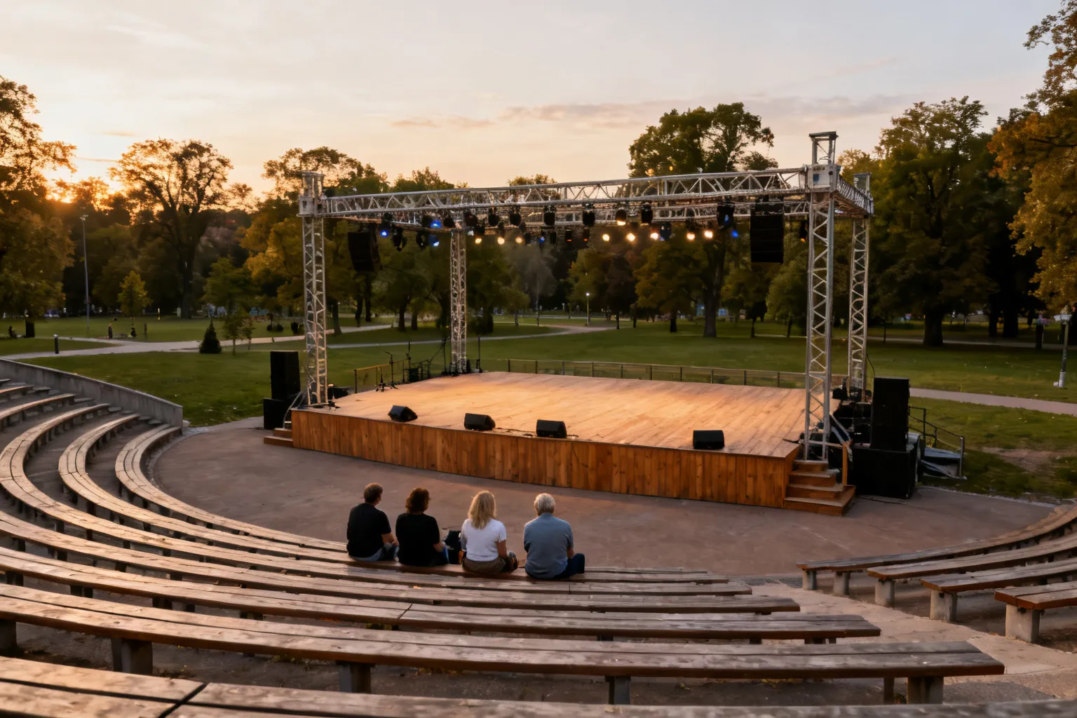 Amfiteatr z rzędami siedzeń i sceną przygotowaną na koncert