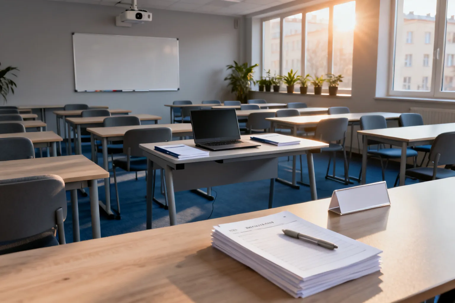 Jasna, pusta sala szkoleniowa z rzędami biurek, ergonomicznych krzeseł i stołem instruktora, przygotowana na poranne zajęcia.