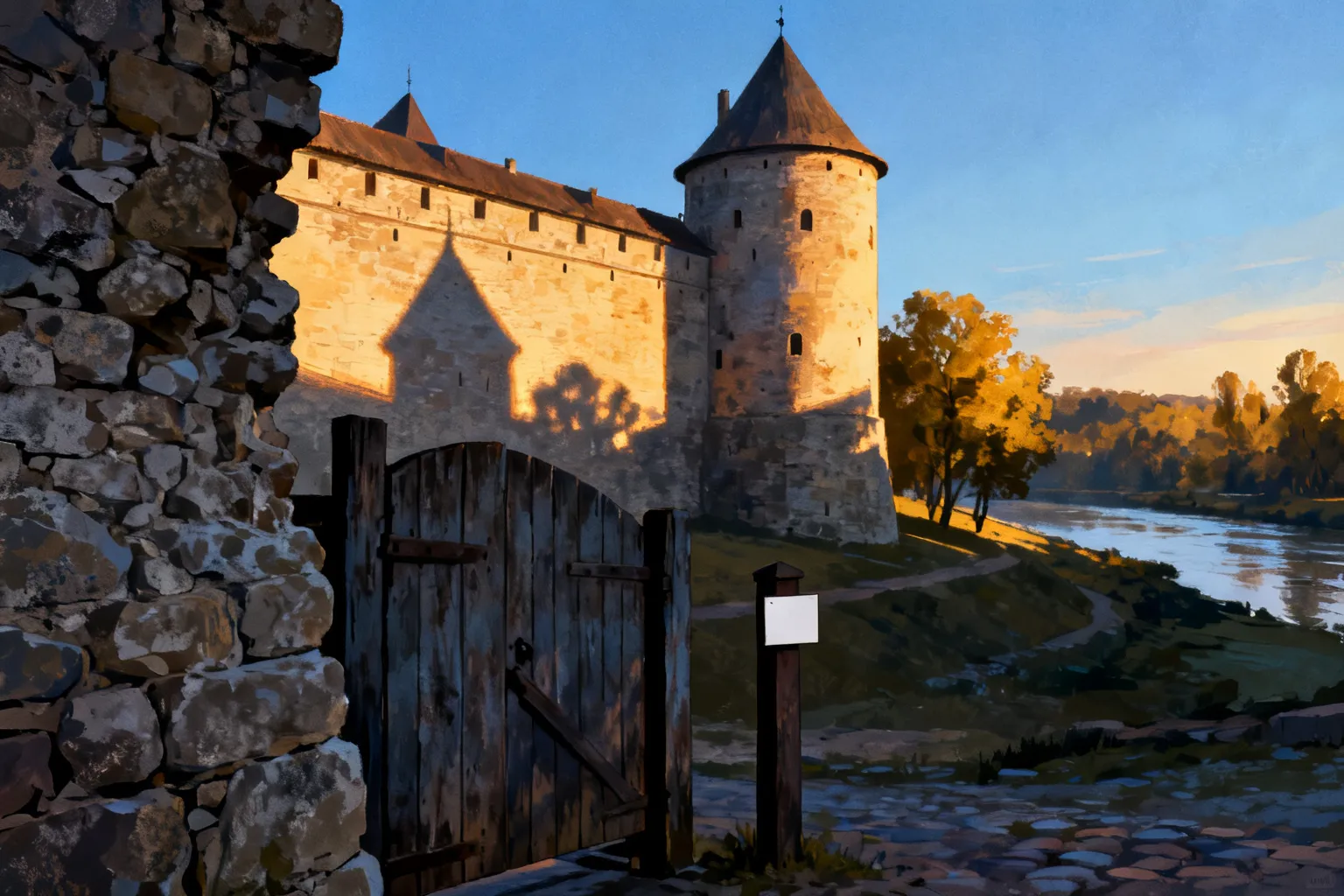 Ilustracja stylizowanych murów obronnych Gorzowa z wieżą i otwartą drewnianą bramą, ciepłe wieczorne światło.