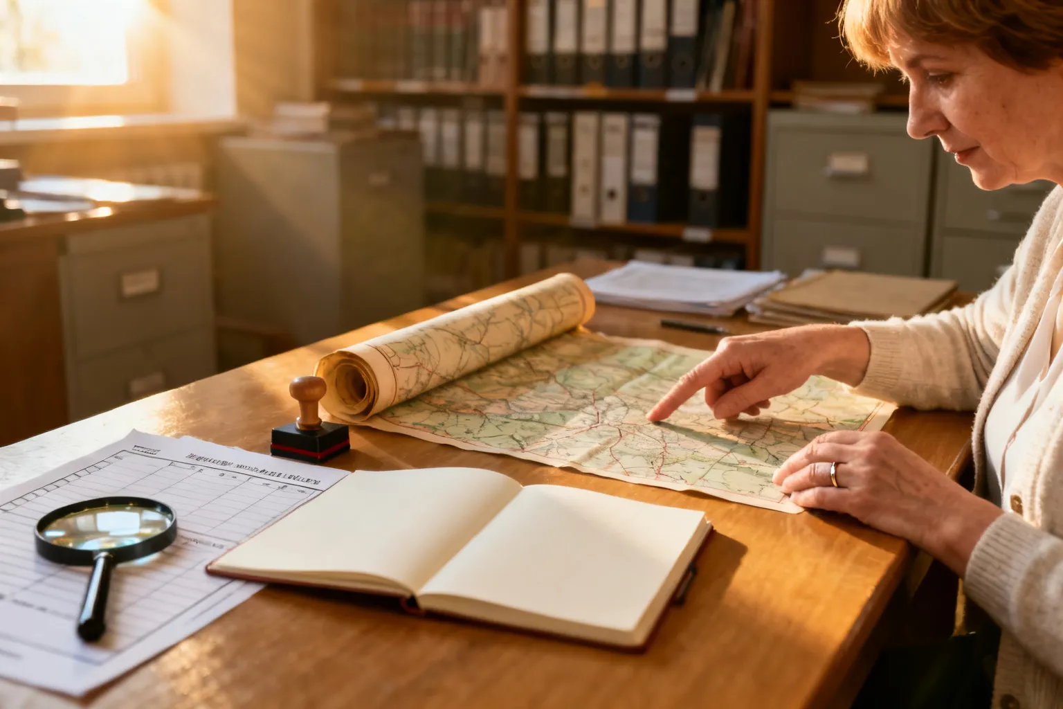 Ręce kobiety wskazują na częściowo rozwiniętą starą mapę na stole archiwum; obok notes, pieczęć i lupa, poranna, ciepła atmosfera.