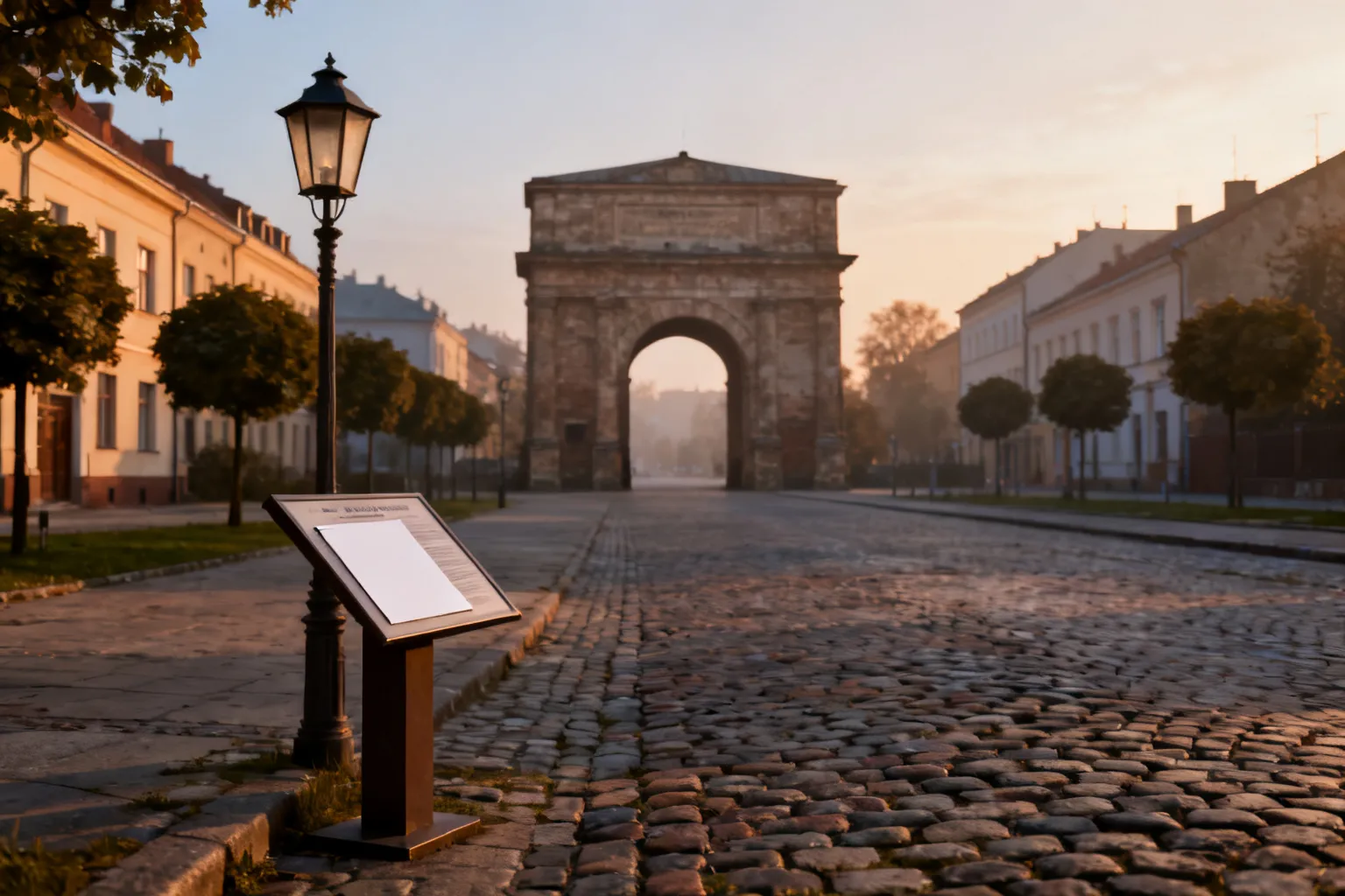 Widok historycznej bramy miejskiej w Gorzowie: brukowana ulica prowadzi do bramy przy zachodzącym słońcu, tablica informacyjna i lampa na pierwszym planie.