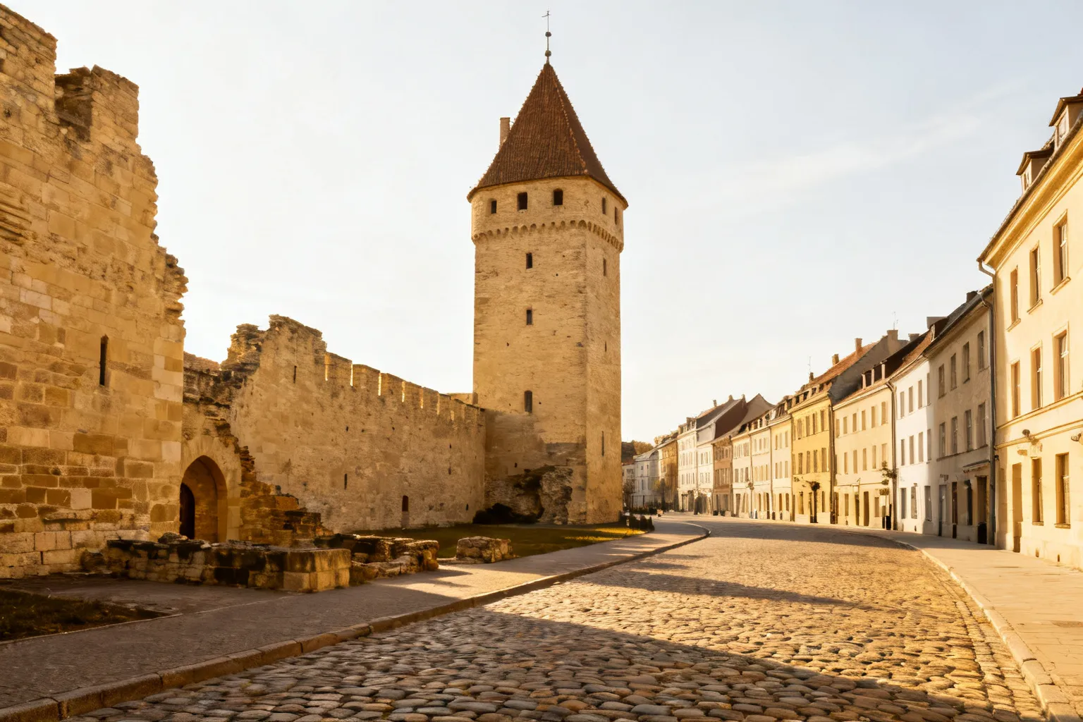 Średniowieczna wieża miejska (Schmalzturm) nad brukowaną ulicą Starego Miasta
