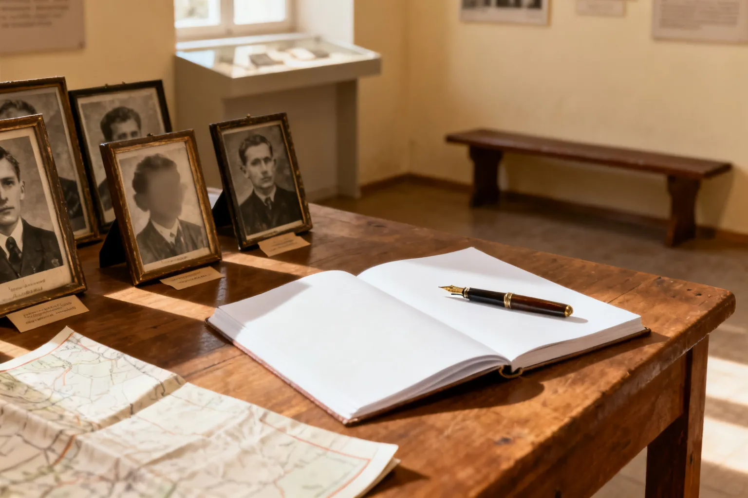 Stół z pamiątkami w małym muzeum: ramki ze starymi zdjęciami, otwarty gościnny zeszyt i stalówka, ciepłe poranne światło.