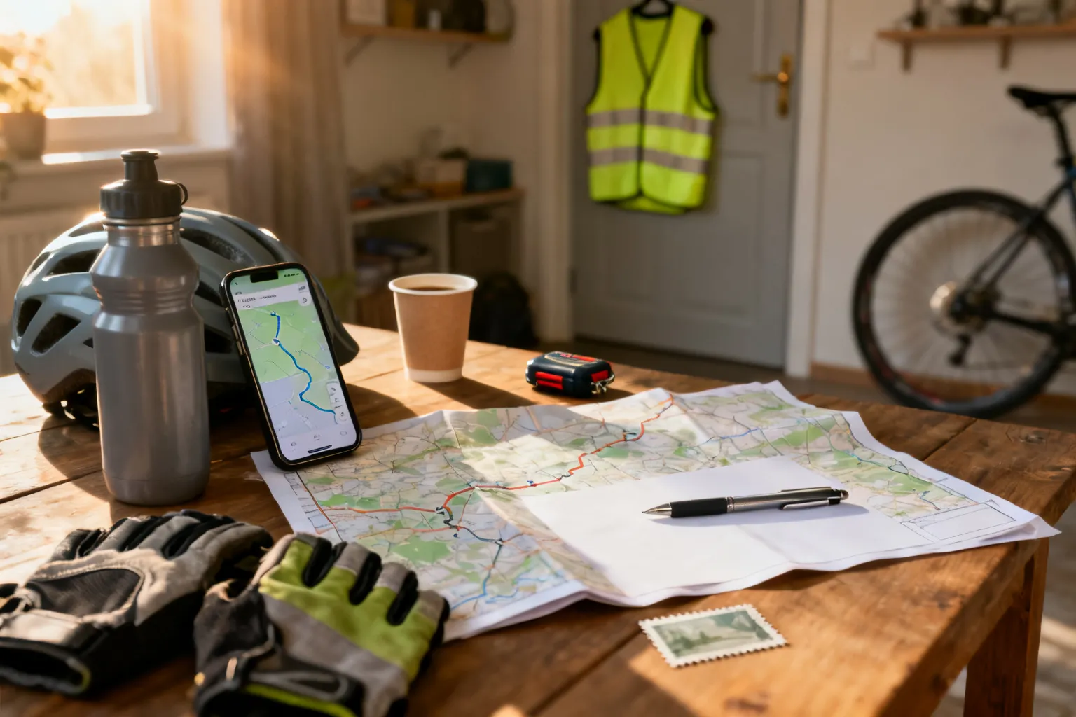 Mapa trasy rowerowej: złożona mapa, smartfon z GPS, kask i akcesoria przygotowane do porannej wycieczki po Gorzowie.