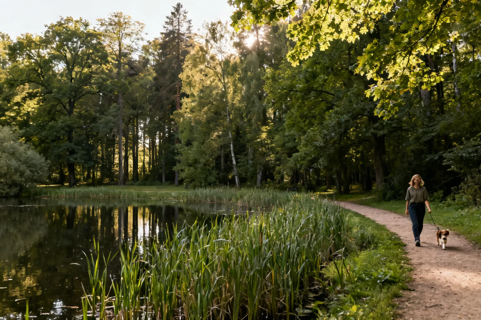 Leśny staw z naturalną roślinnością i ścieżką spacerową w parku