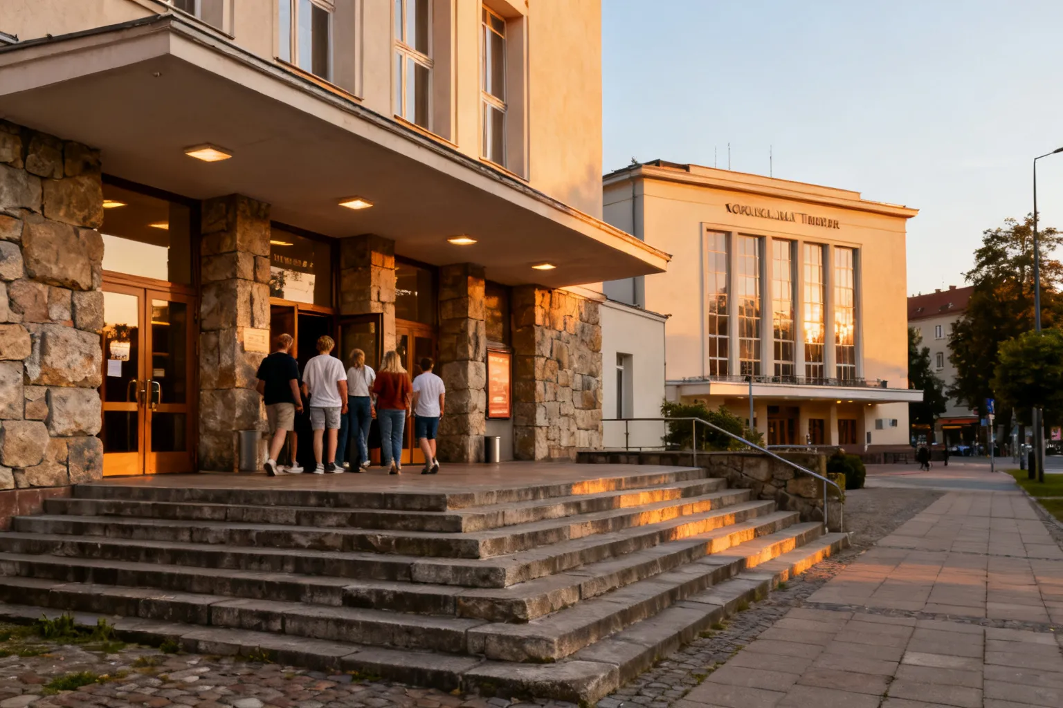 Wejście do Teatru im. Juliusza Osterwy w Gorzowie – fasada i schody z ludźmi przy wejściu
