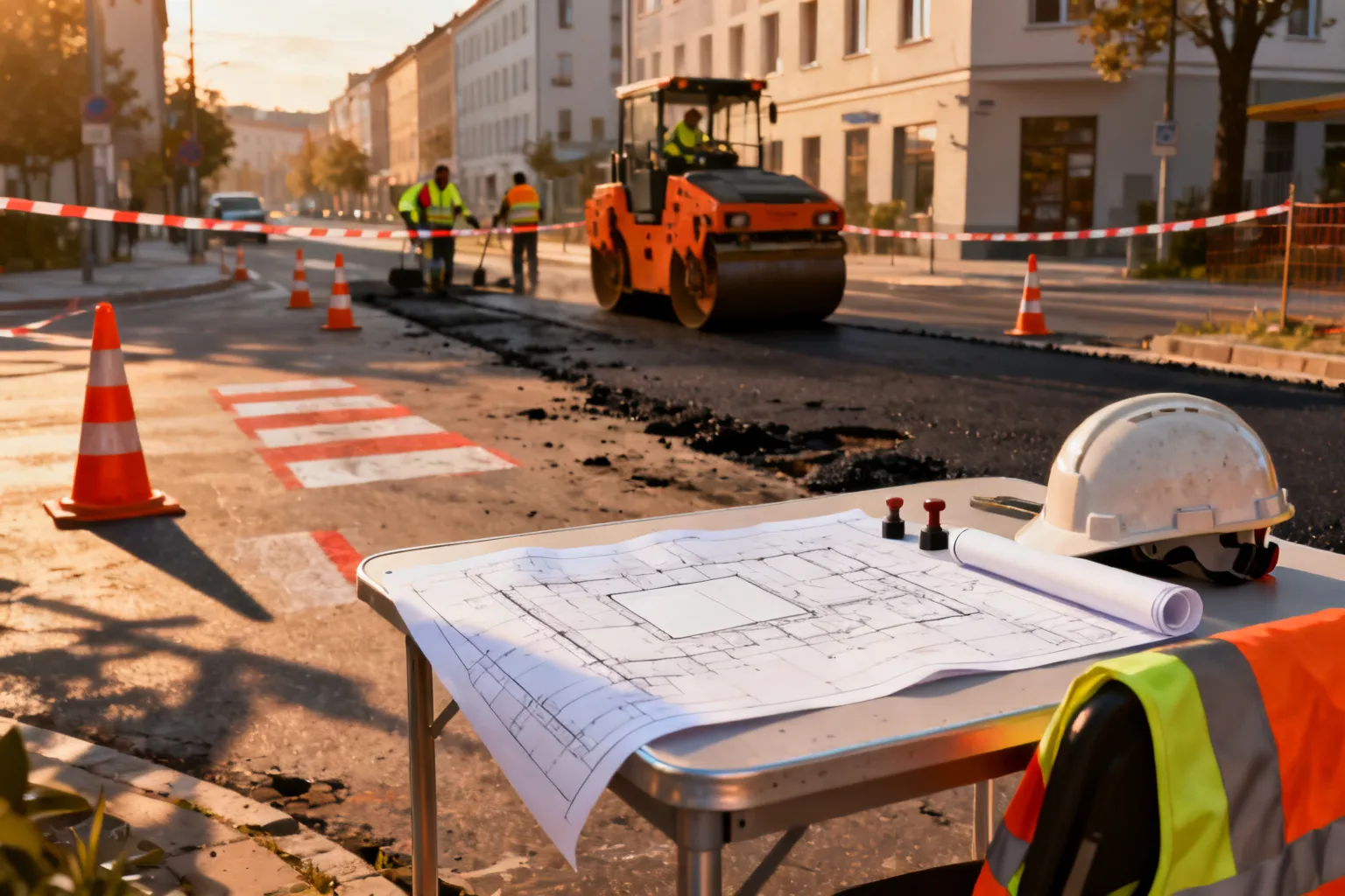 Plany remontu drogi rozłożone na stoliku przy kasku i kamizelce, w tle wyłączony odcinek ulicy z pachołkami, walcem i pracownikami.