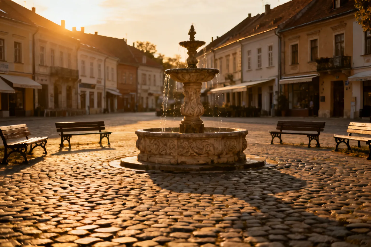 Fontanna na starym rynku, spokojna scena o zachodzie słońca