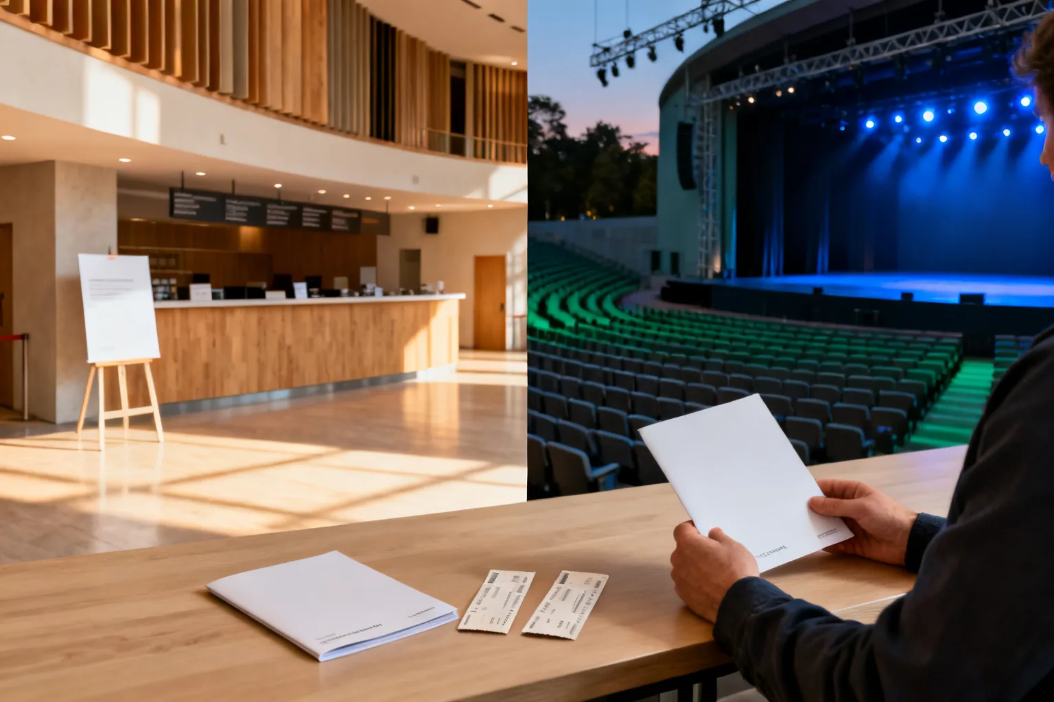 Porównanie dwóch miejsc: jasne foyer filharmonii z kasą i otwarte amfiteatr z rzędami siedzeń i sceną na zmierzchu.