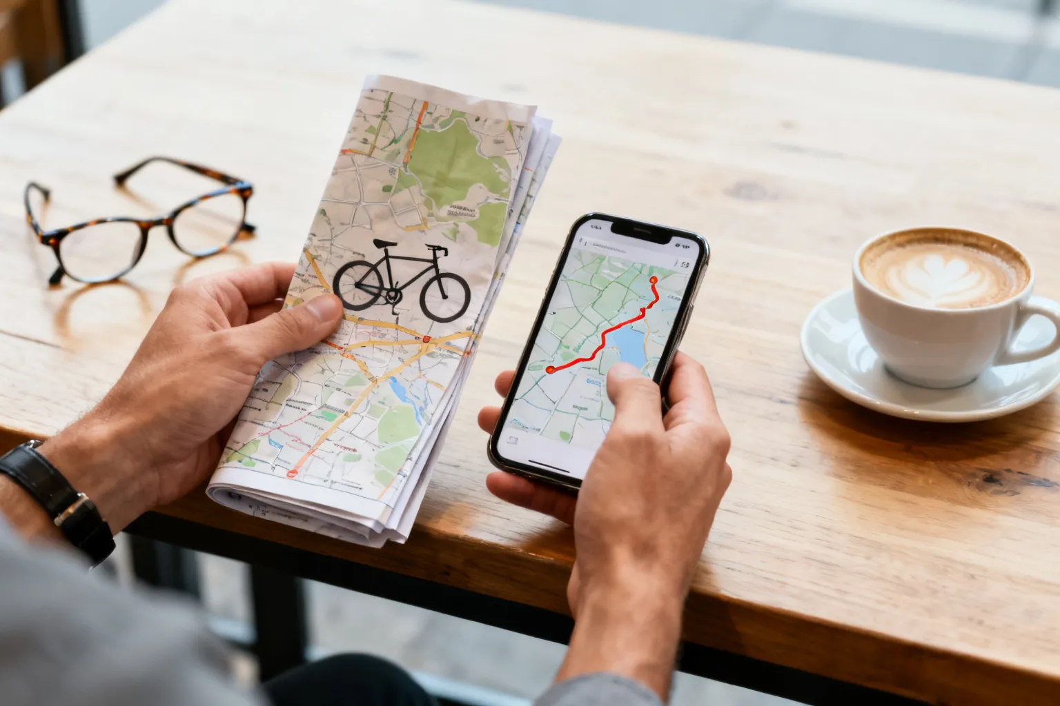 Osoba trzymająca papierową mapę rowerową i smartfon z mapą