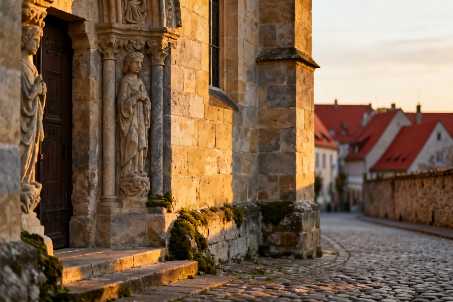 Szczegóły kamiennego portalu i narożnika średniowiecznego muru Landsbergu, oświetlone ciepłym wieczornym światłem, z brukowaną uliczką w tle.