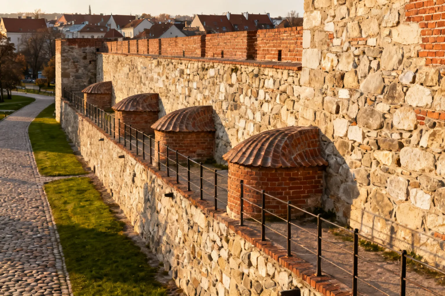 Fragment murów obronnych Gorzowa z kilkoma basztami i uzupełnieniami z cegły
