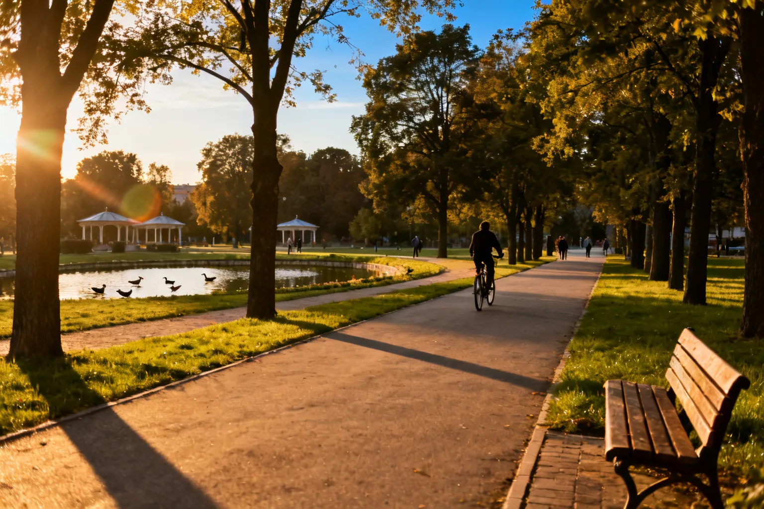 Zadbana alejka w gorzowskim parku o złotej godzinie; ławka przy ścieżce, rowerzysta i staw z kaczkami w tle.