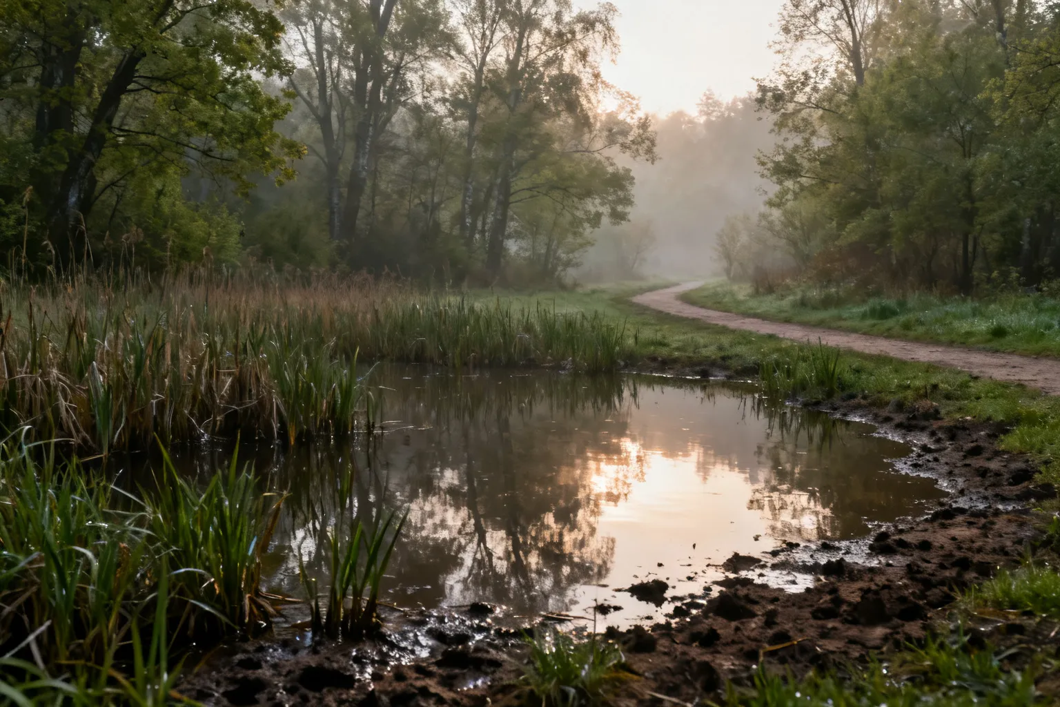 Małe, podmokłe jeziorko z trzcinami i mgłą, dziki brzeg