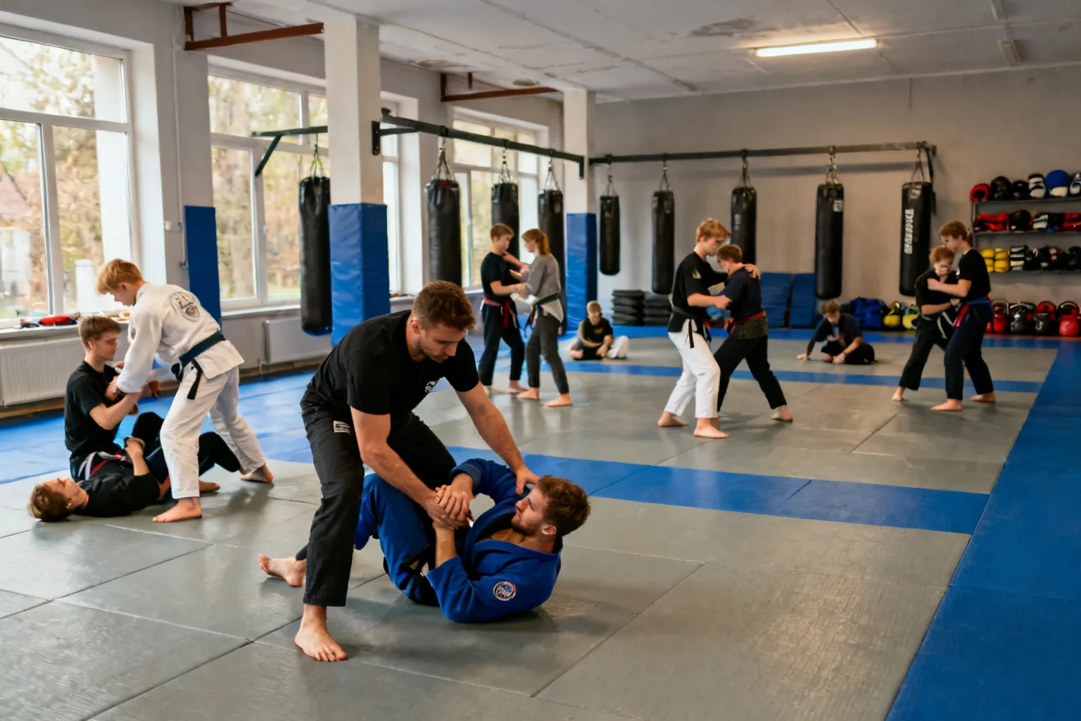 Trening grupowy MMA/BJJ w sali klubu, trener i ćwiczący na matach