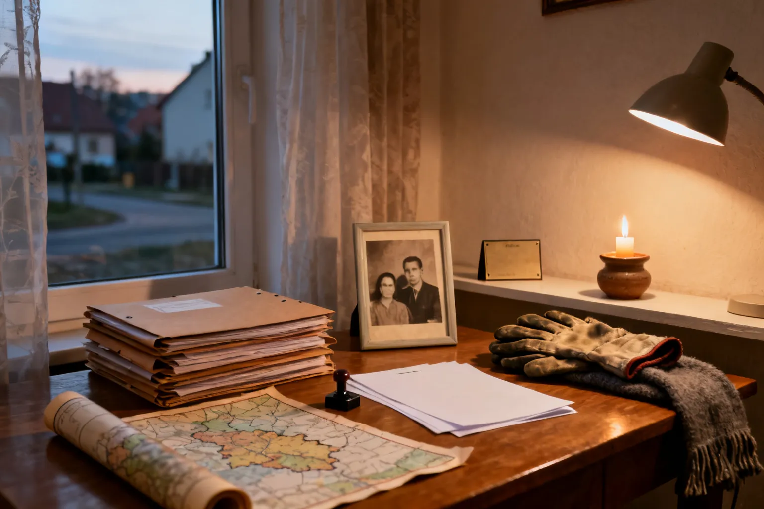 Skromny kącik pamięci przesiedleńców: stół z materiałami archiwalnymi, starą fotografią, rękawicami i zapaloną świecą.