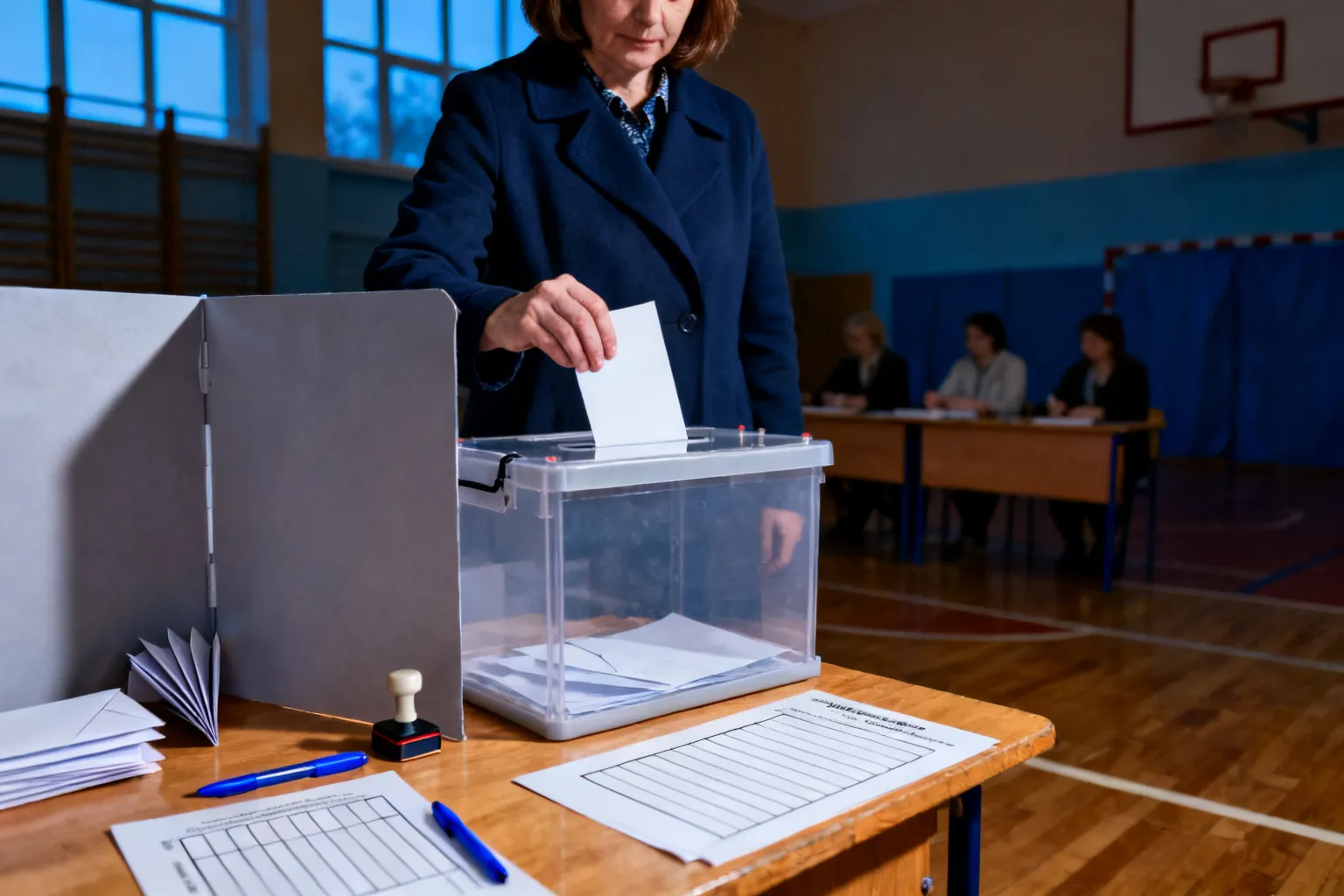 Stolik do głosowania z pustymi kartami, urną i przyborami; kobieta w granatowym płaszczu wrzuca kartę, w tle wolontariusze.