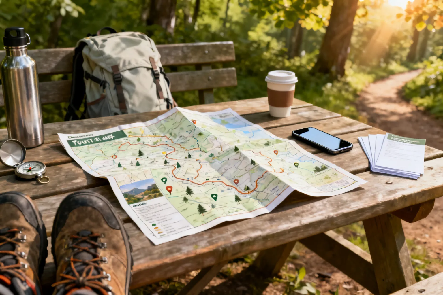 Mapa turystyczna lokalnych szlaków na stoliku piknikowym z butami trekkingowymi, kompasem, bidonem i plecakiem w tle.