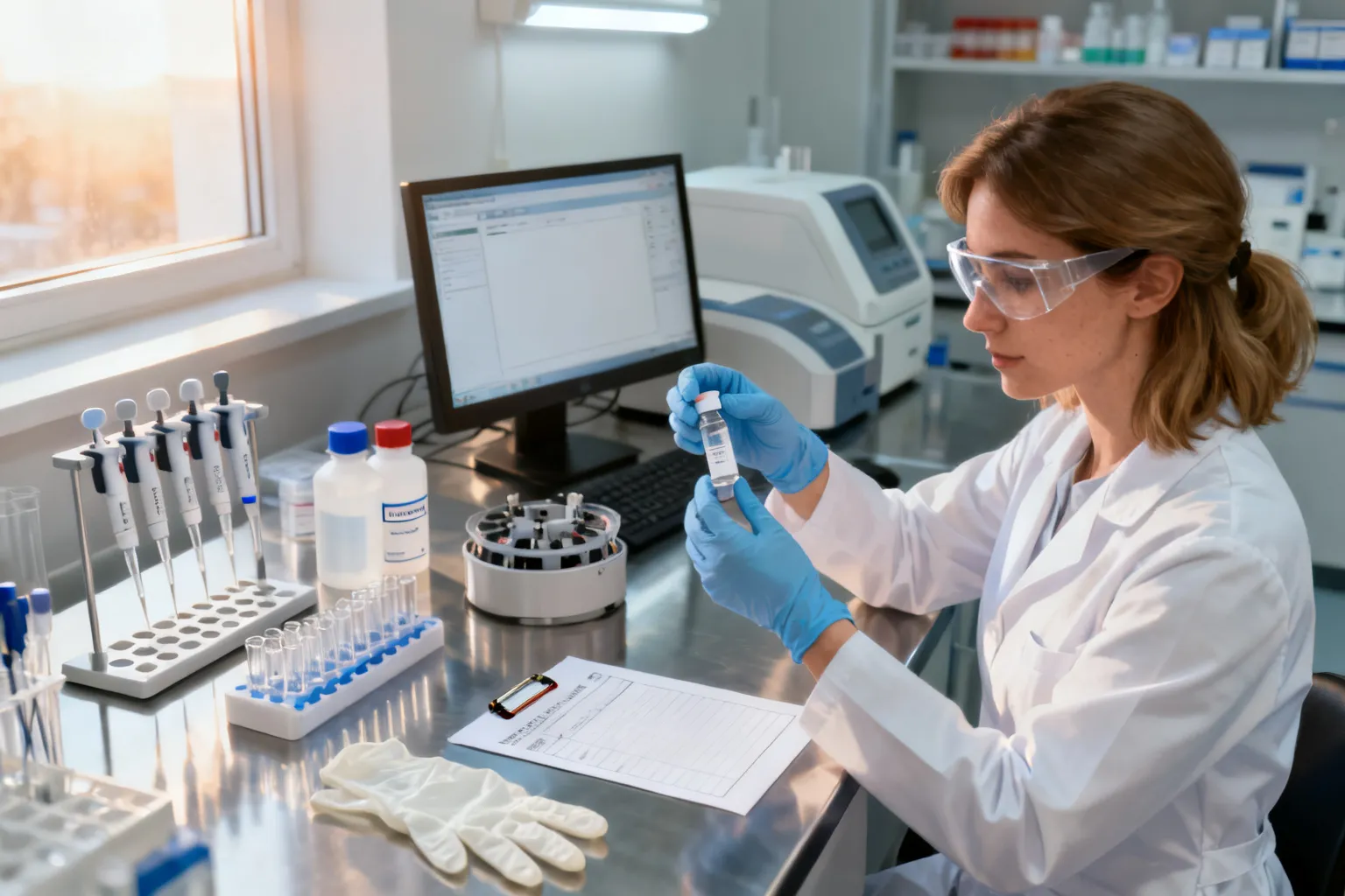 Techniczka w białym kitlu przy stalowym blacie, pipety i probówki gotowe do badań w lokalnym laboratorium.