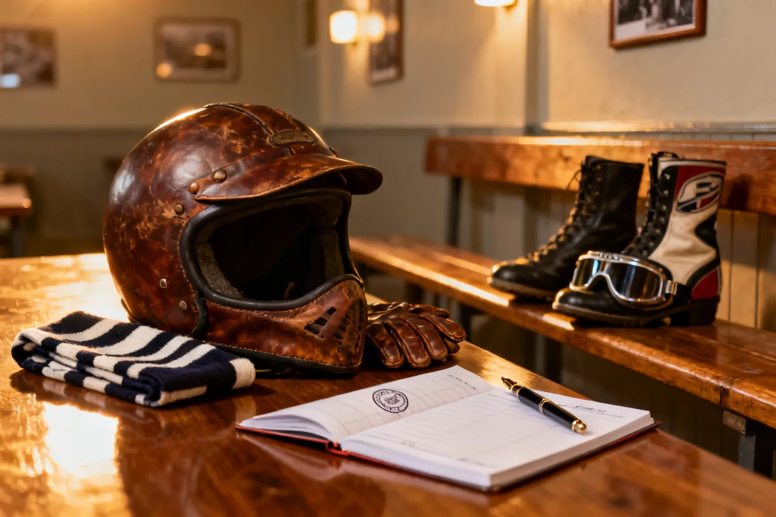 Vintageowy kask, rękawice i szalik klubowy na drewnianym stole w klubie żużlowym, sugerujące historię Stali Gorzów.