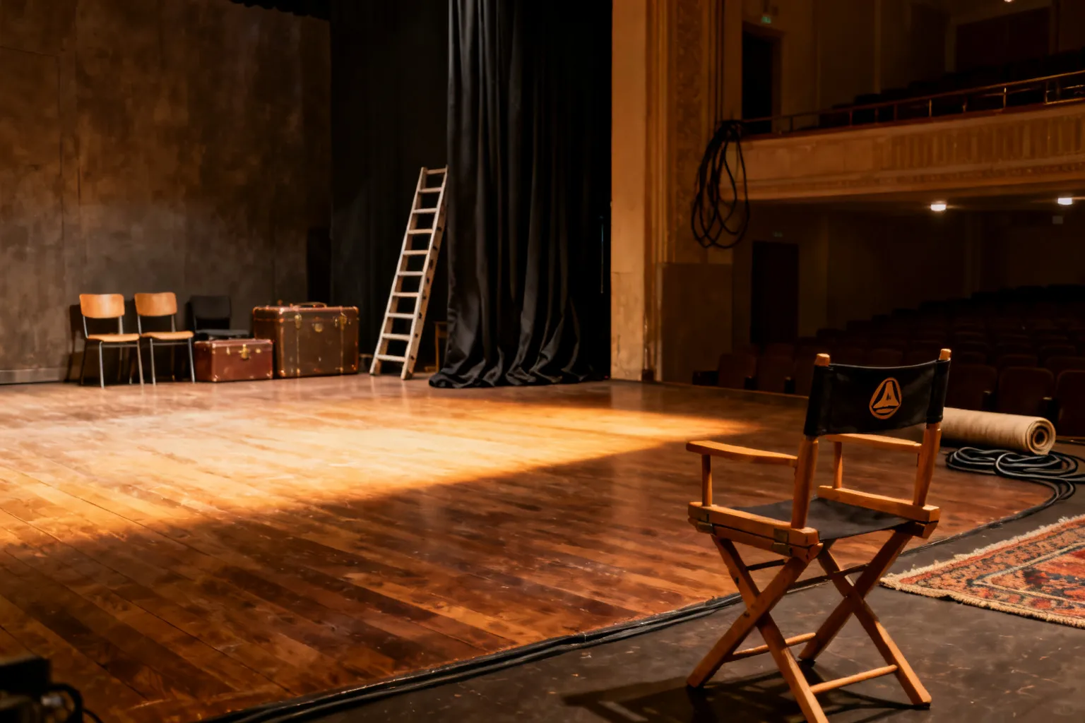 Wnętrze sceny teatru z pustą drewnianą estradą oświetloną reflektorem, z zasłonami, rekwizytami i fotelem reżysera — zapowiedź repertuaru i historii zespołu.